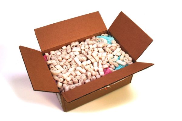 Packing peanuts in cardboard box.